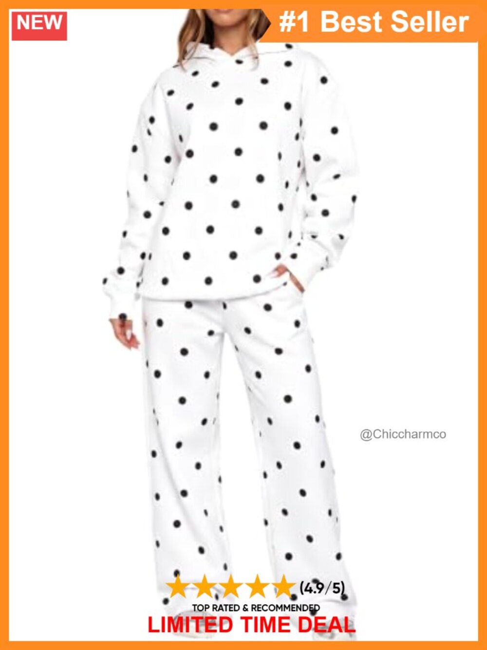 Fleece-Lined Oversized Hoodie & Wide Leg Sweatpants Set Polka Dot Tracksuit
